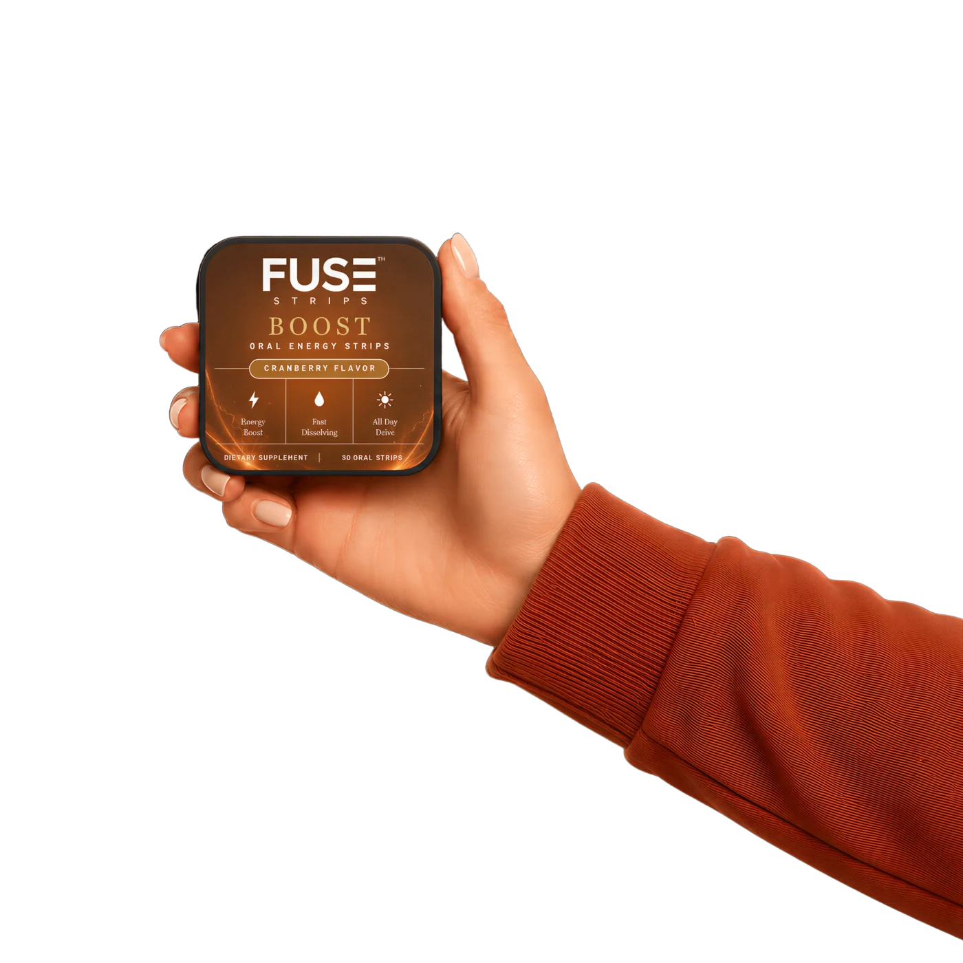 Boost tin held in hand