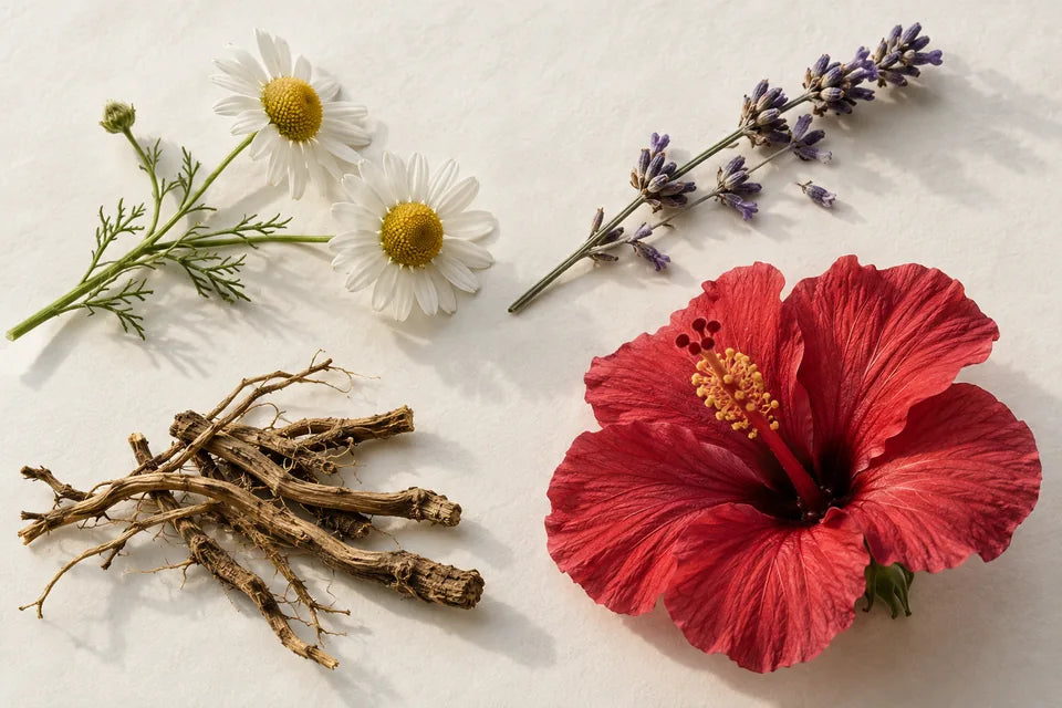 Illustration of chamomile flowers, lavender, valerian root, and hibiscus, four botanicals found in Dream