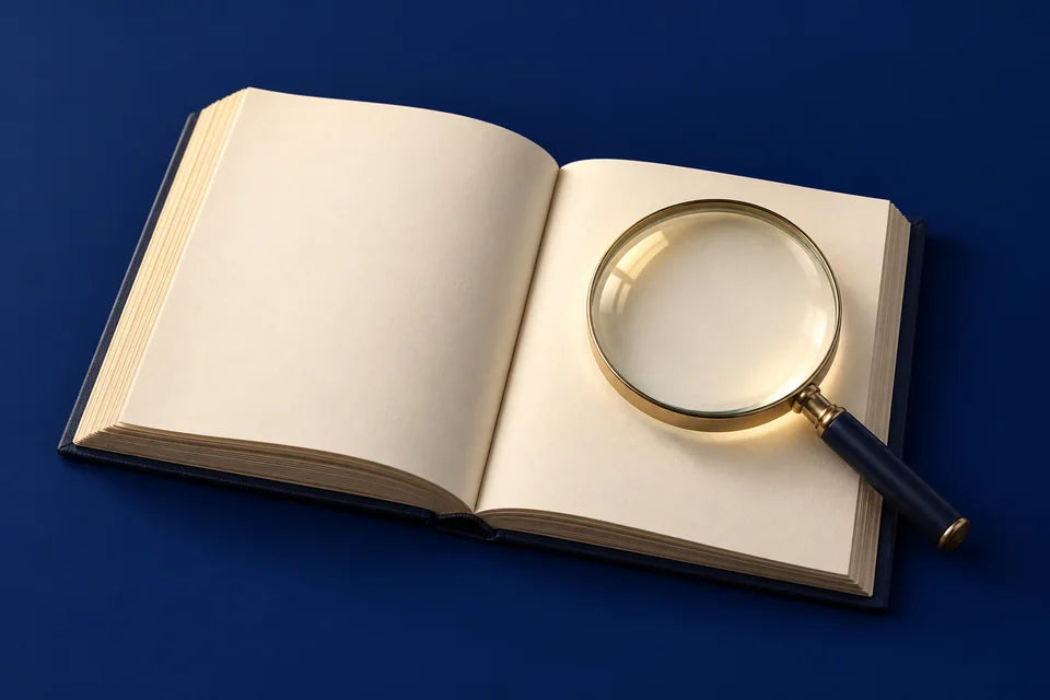 An editorial illustration of a magnifying glass resting on an open, blank notebook