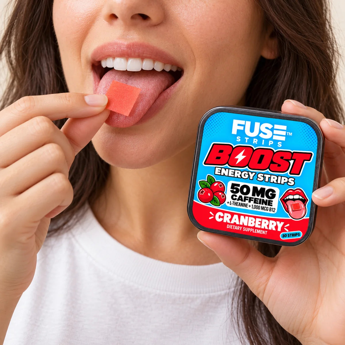Illustrative image of a cranberry Boost strip being placed on the tongue