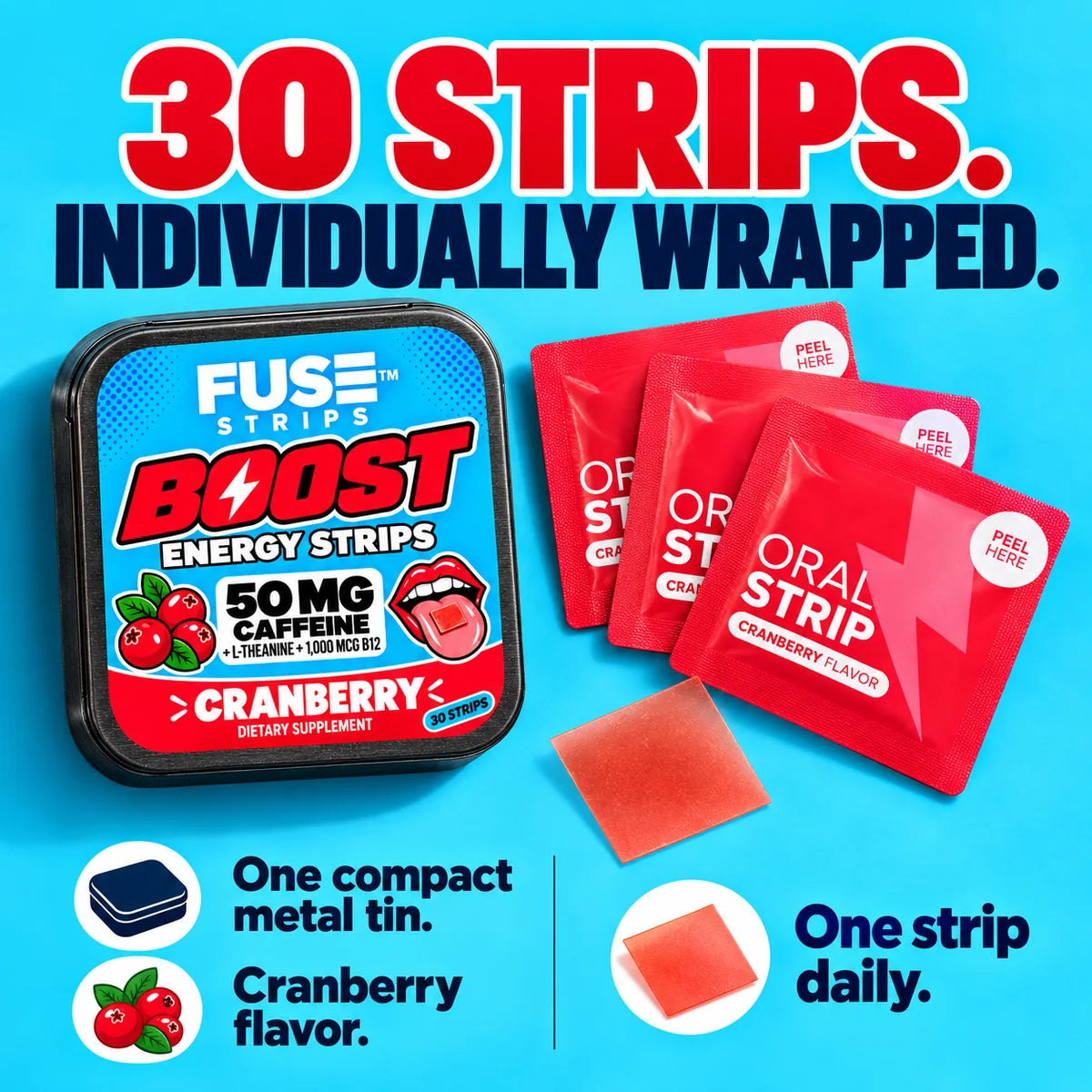 30 strips, individually wrapped, in one compact metal tin. Cranberry flavor, one strip daily