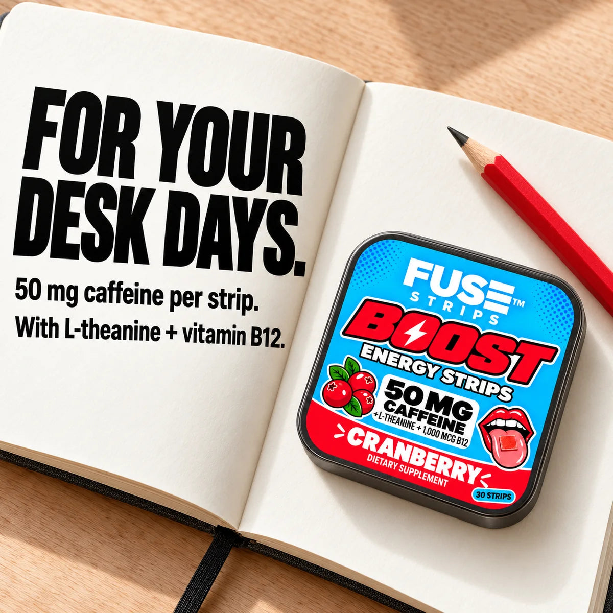 For your desk days: FUSE Boost tin on an open notebook, 50 mg caffeine per strip with L-theanine and vitamin B12