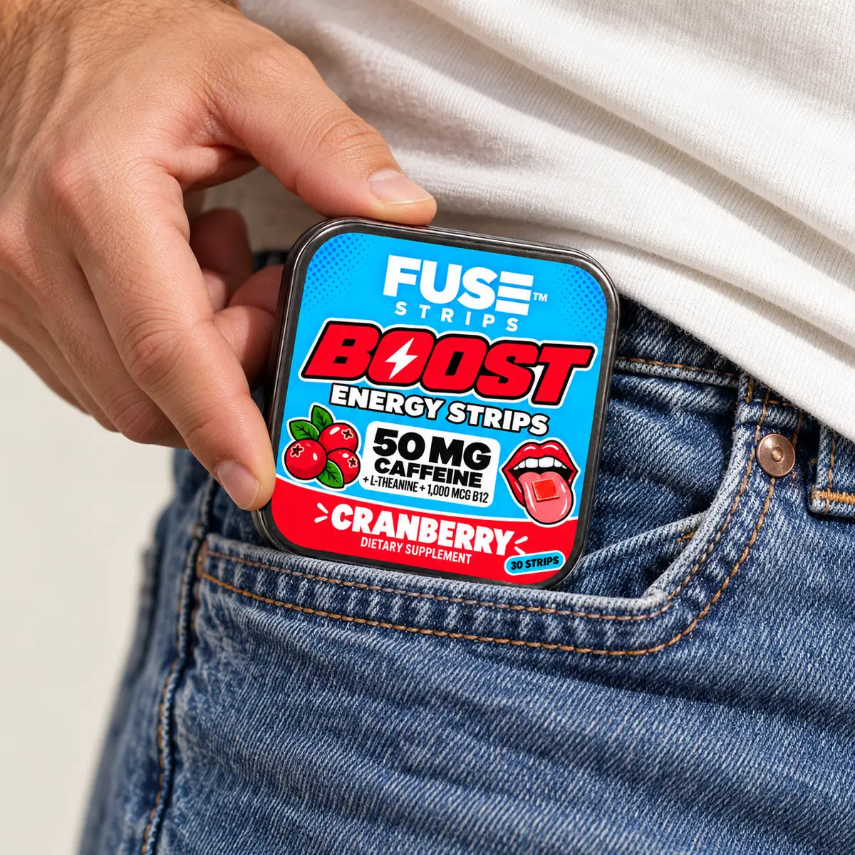 FUSE Boost tin slipped into a jeans pocket to show its pocket size
