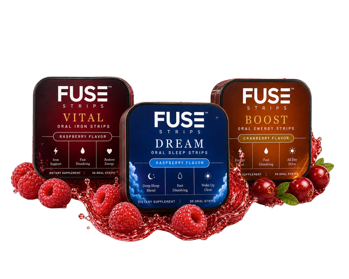 FUSE Dream, Vital, and Boost oral strip tins