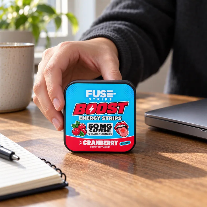 A hand setting the Boost tin on a desk beside a laptop and notebook