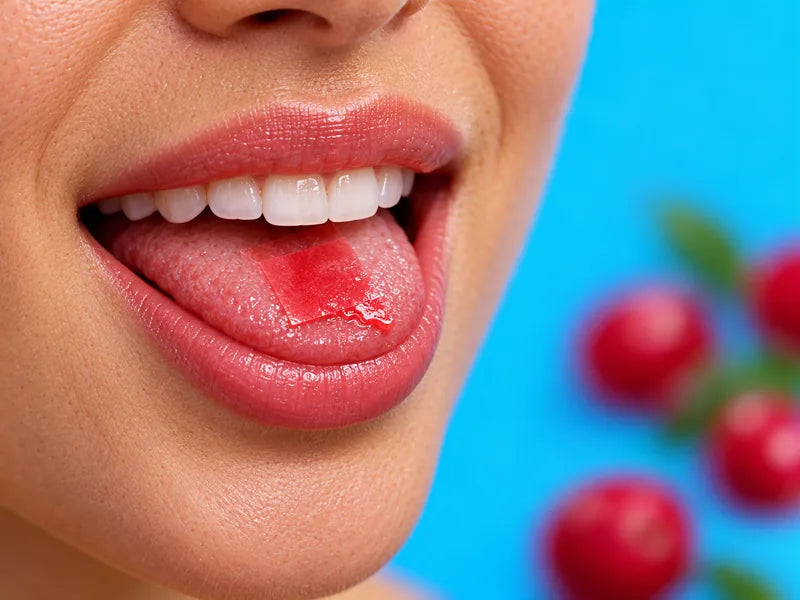 a mouth with a red strip melting on the tongue