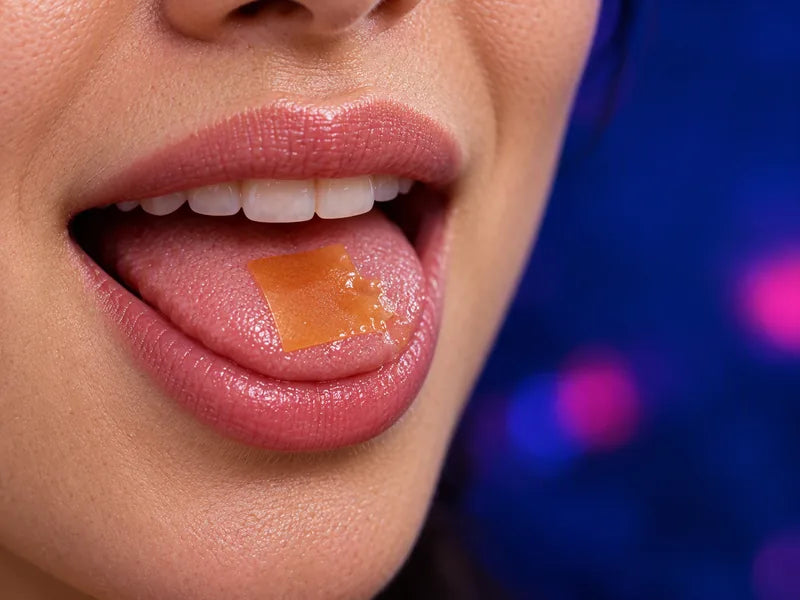 a mouth with an amber strip melting on the tongue