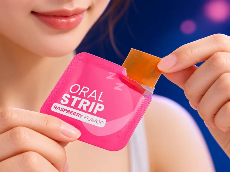 a hand tearing open a pink ORAL STRIP sachet
