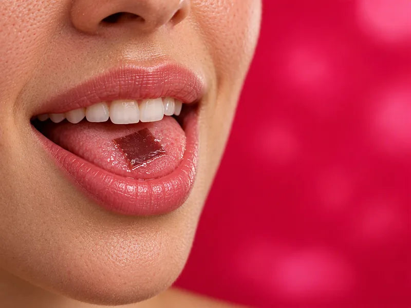 a mouth with a dark maroon strip melting on the tongue
