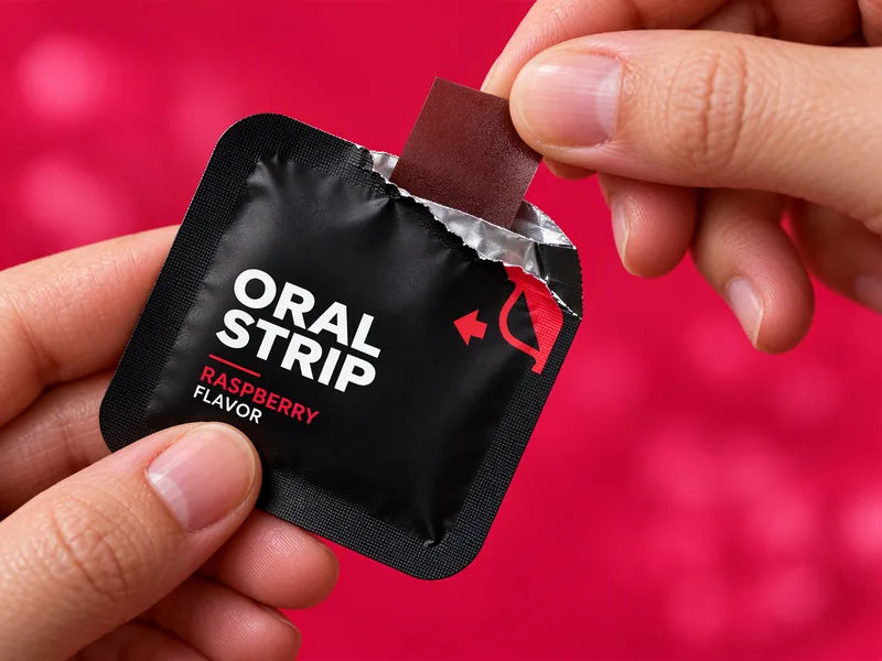 a hand tearing open a black ORAL STRIP sachet
