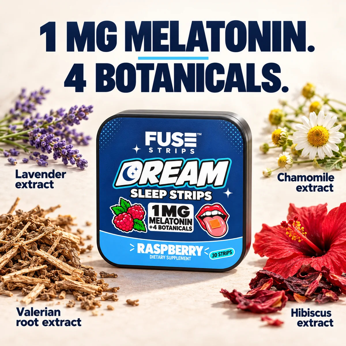 1 mg melatonin and 4 botanicals: Dream tin with lavender, chamomile, valerian root and hibiscus extracts