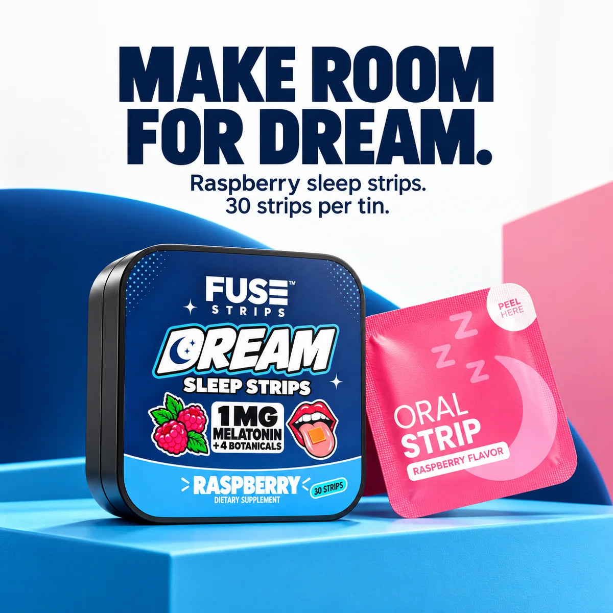 Make room for Dream: raspberry sleep strips, 30 strips per tin