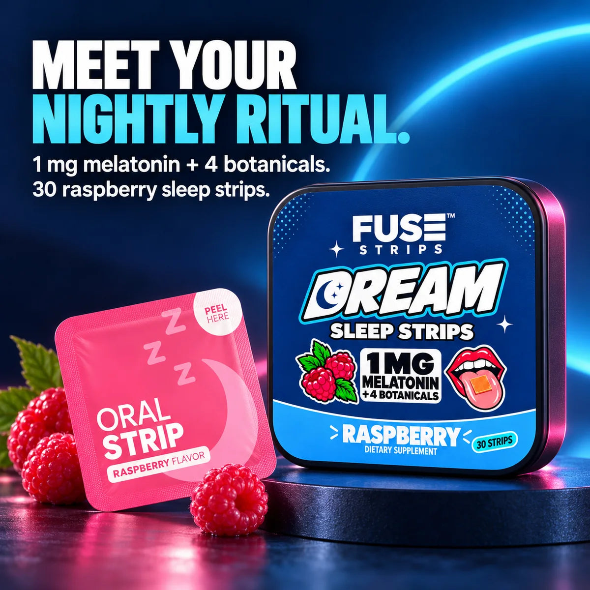 FUSE Dream tin and raspberry sleep strip on a midnight blue stage: 1 mg melatonin plus 4 botanicals, 30 raspberry sleep strips