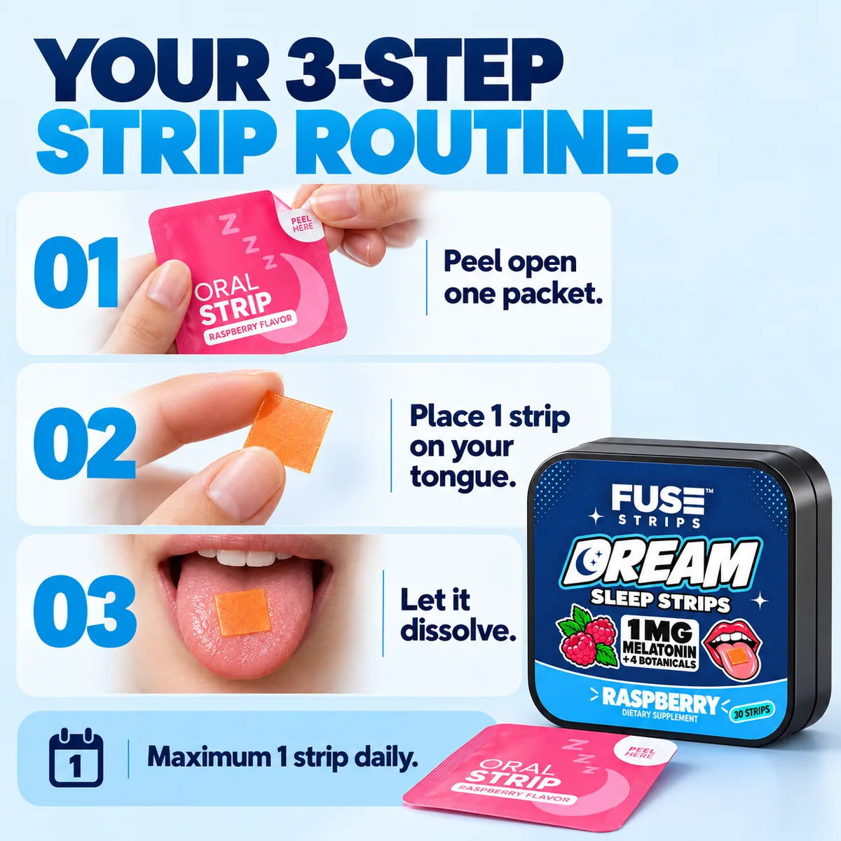 Three-step strip routine: peel open one packet, place 1 strip on your tongue, let it dissolve; maximum 1 strip daily