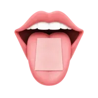 A square oral strip being placed on the tongue