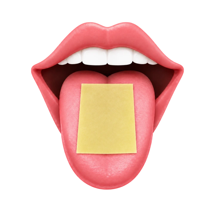 Lush oral strip resting on a tongue