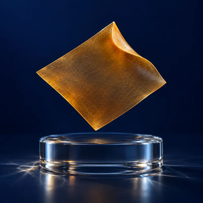 An enlarged illustration of a translucent amber oral film, its corner gently curling above a glass base