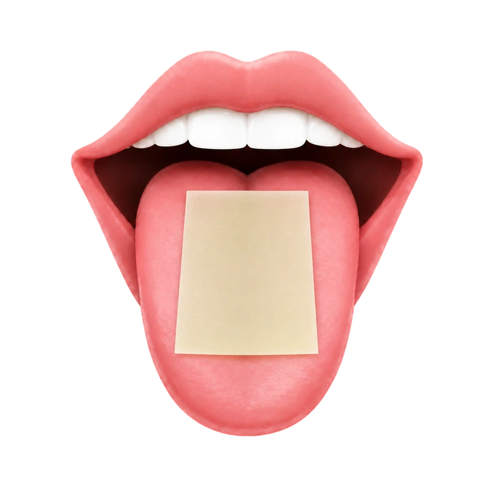 Shine oral strip resting on a tongue