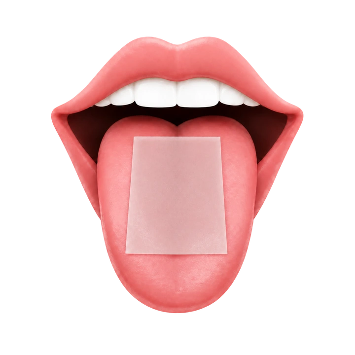 Solid oral strip resting on a tongue