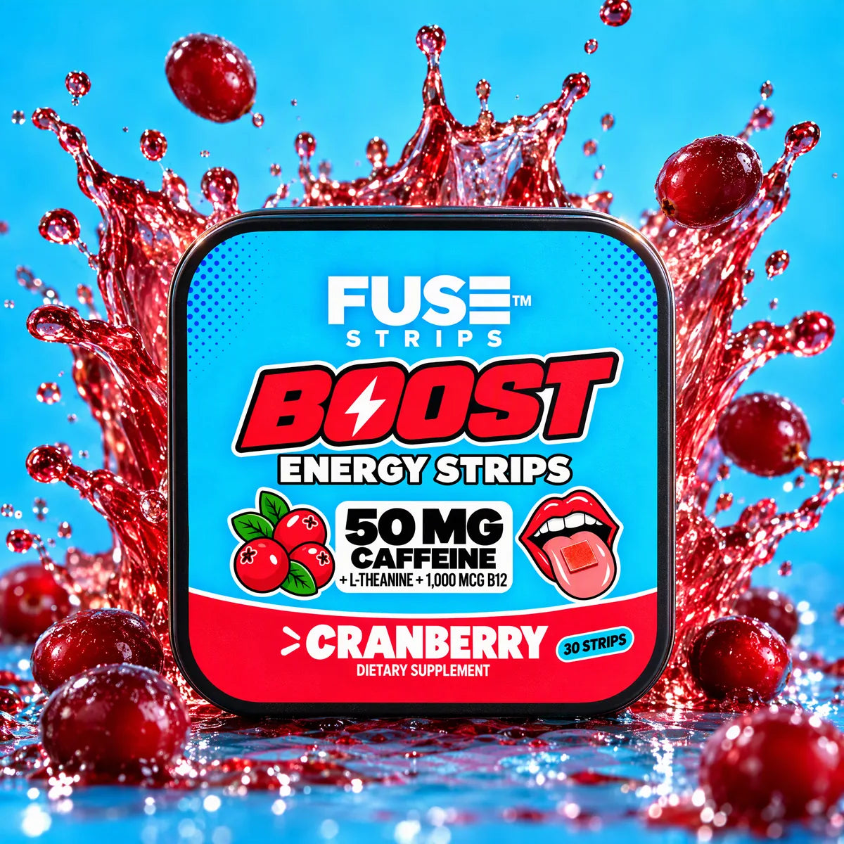 FUSE Boost Energy Strips tin, cranberry flavor, 30 strips, with a cranberry juice splash and fresh cranberries