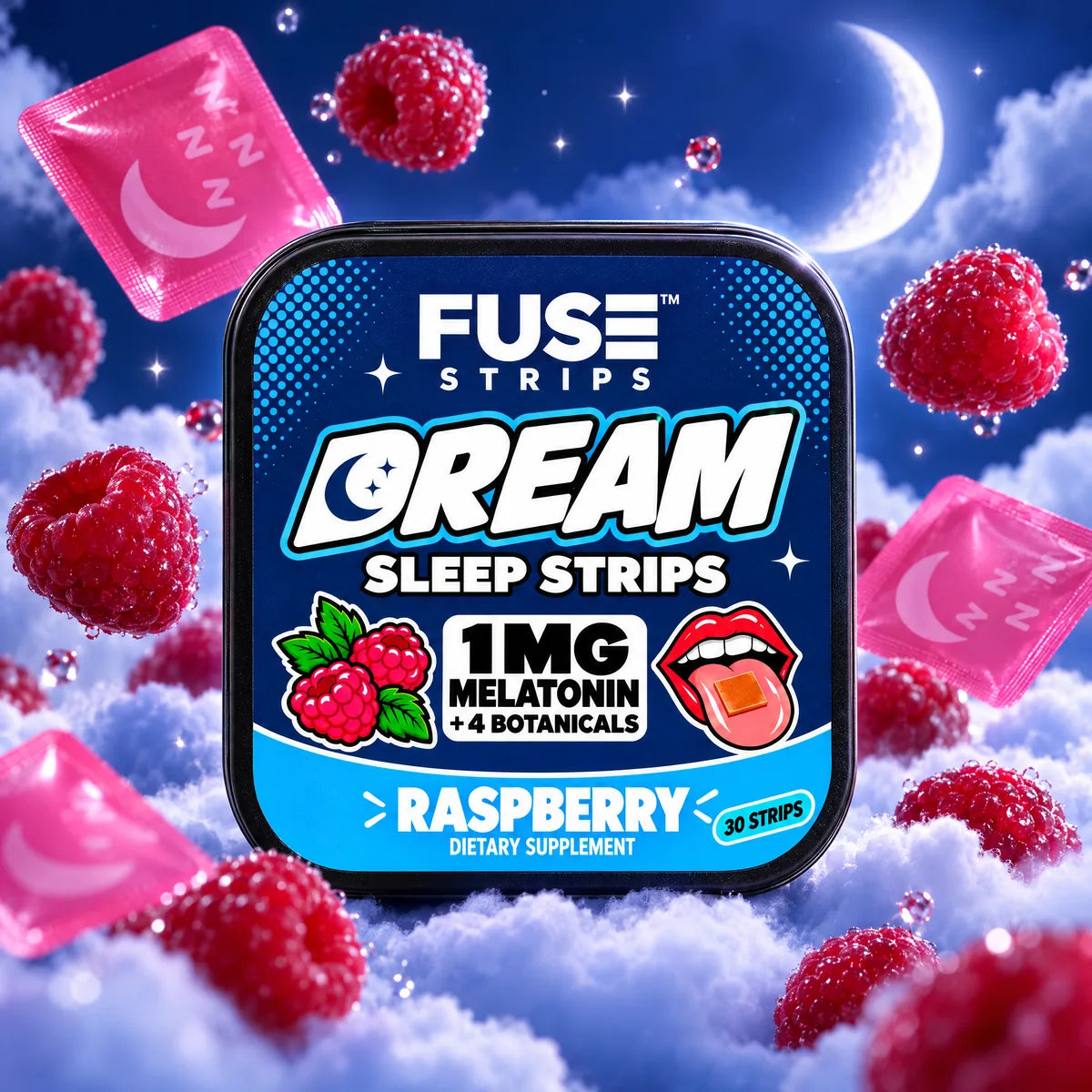 FUSE Dream Sleep Strips tin, raspberry flavor, 30 strips, with raspberries and wrapped strips floating among night clouds