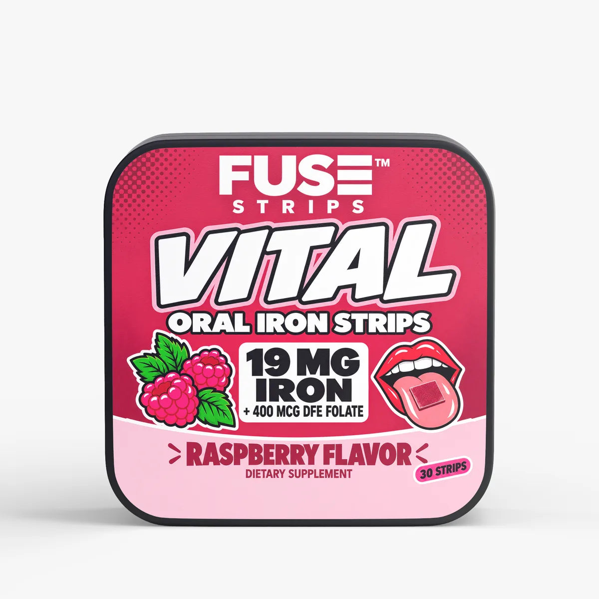 FUSE Vital tin: 19 mg iron plus 400 mcg DFE folate per strip, raspberry flavor, 30 strips