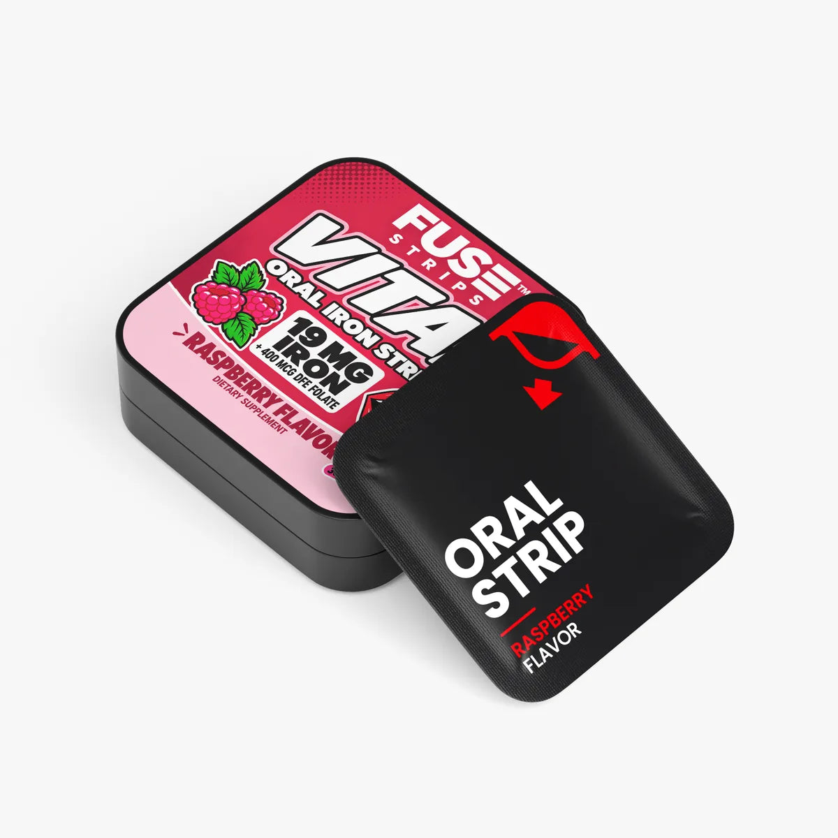 FUSE Vital tin with an individually wrapped raspberry oral strip