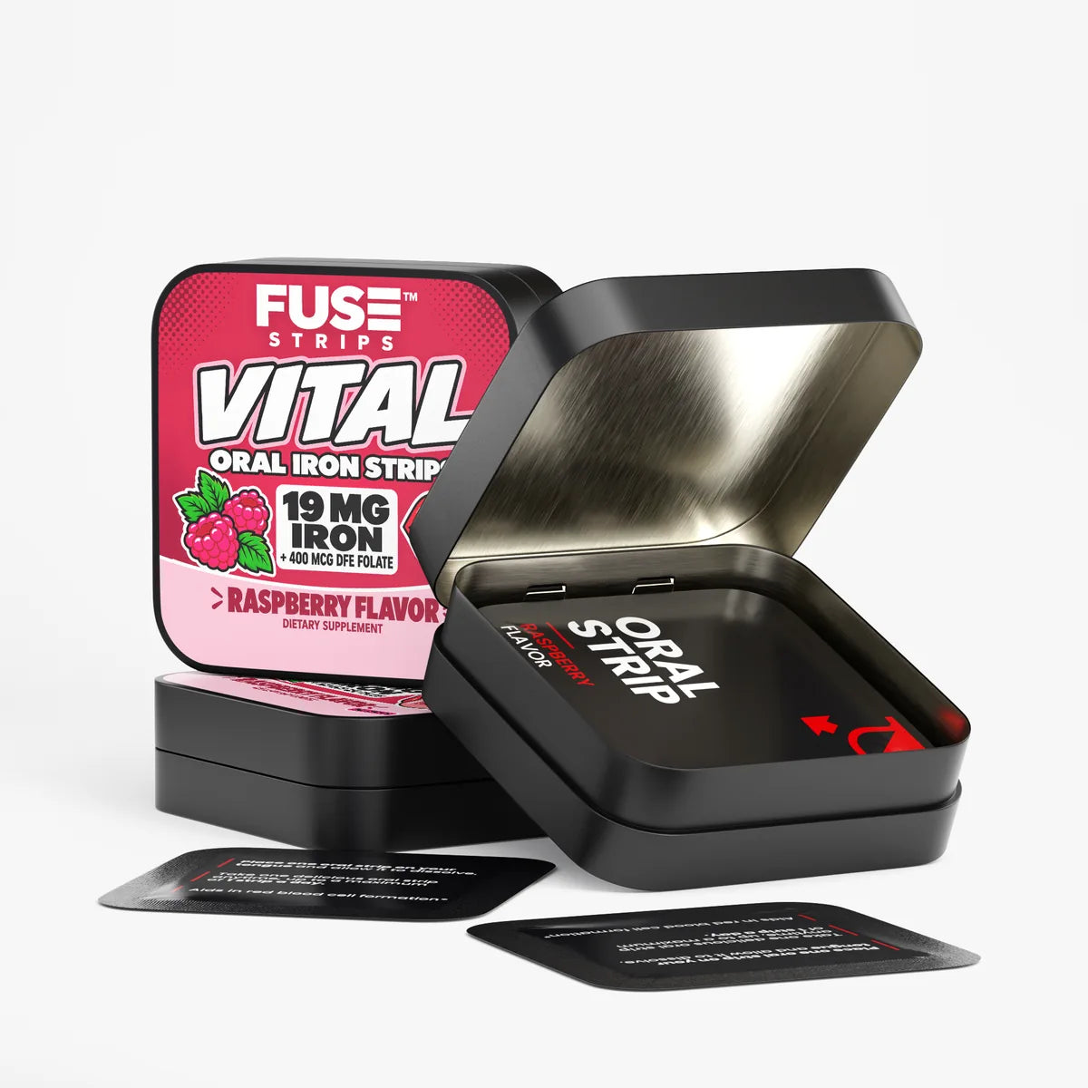 Open Vital tin with individually wrapped oral strips inside