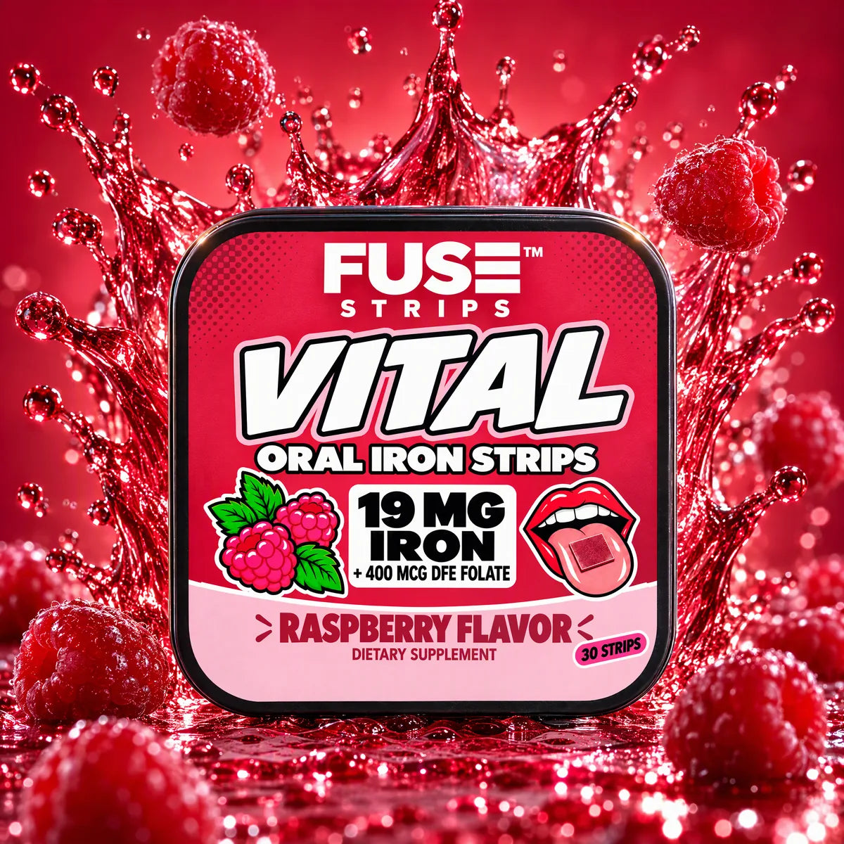 FUSE Vital Oral Iron Strips tin, raspberry flavor, 30 strips, with a raspberry juice splash and fresh raspberries