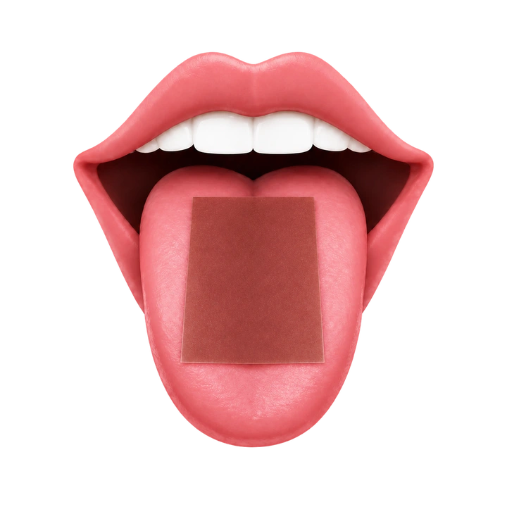 Vital oral strip resting on a tongue